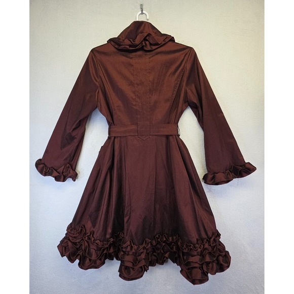Samuel Dong Coat Women L Brown Metallic Ruffle Steampunk Satin Gothic Vintage - Picture 2 of 16